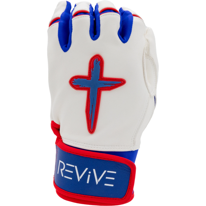 White, Blue, and Red Batting Gloves