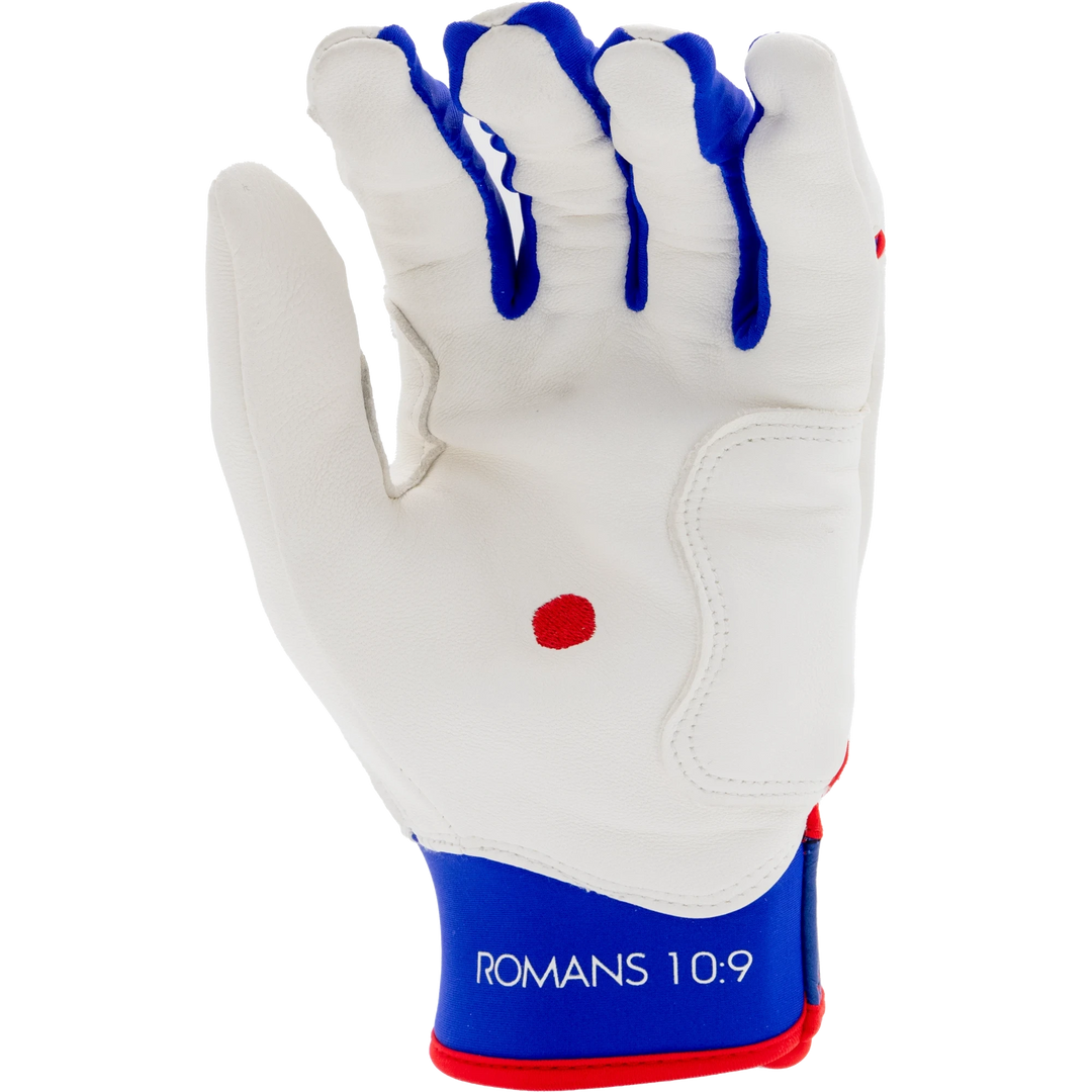 White, Blue, and Red Batting Gloves