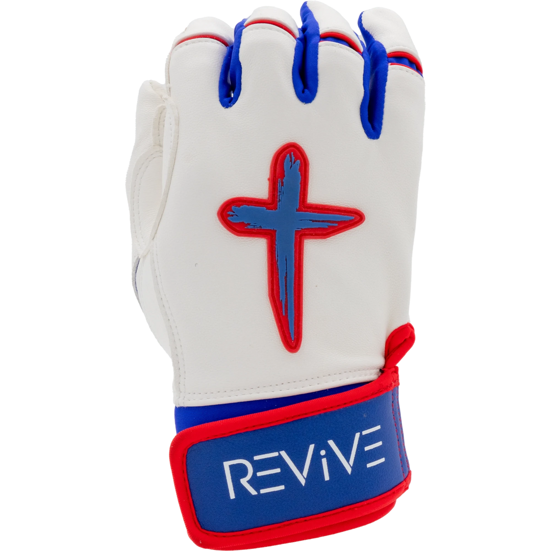 White, Blue, and Red Batting Gloves