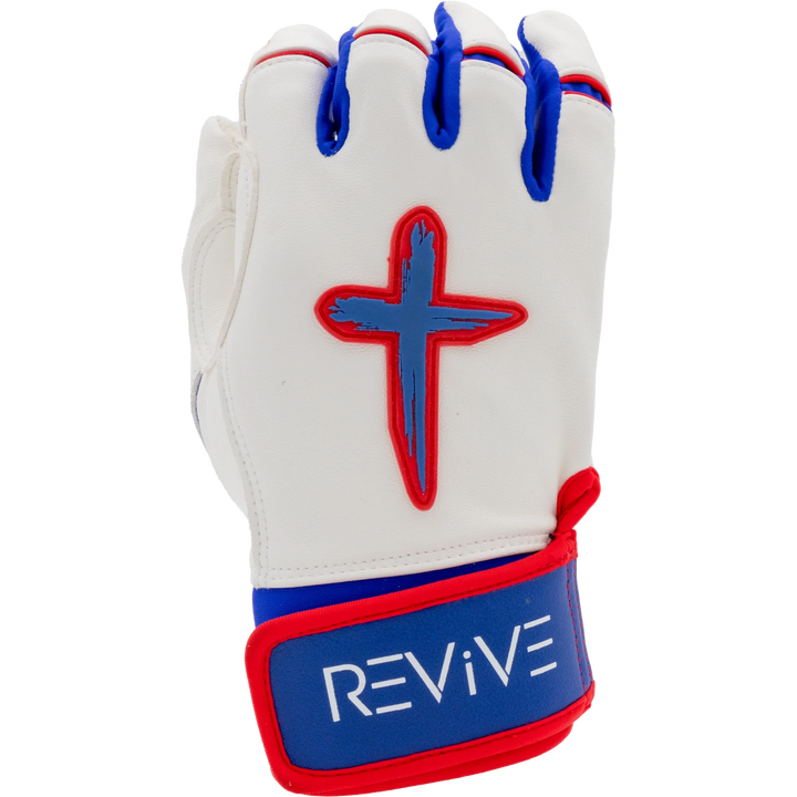 White, Blue, and Red Batting Gloves