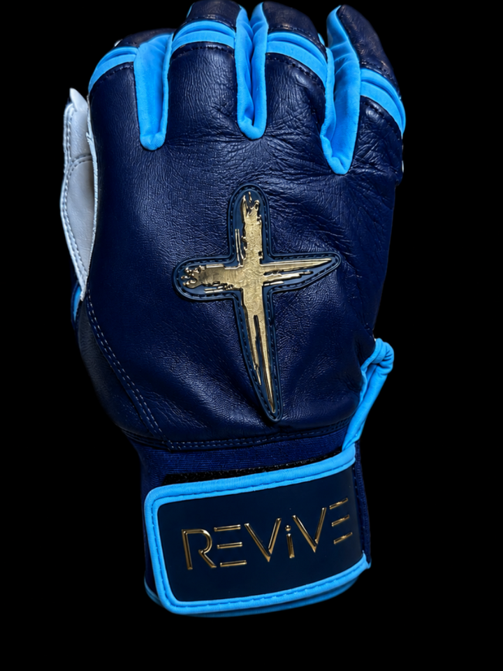 NAVY, COLUMBIA BLUE, AND METALLIC GOLD BATTING GLOVES